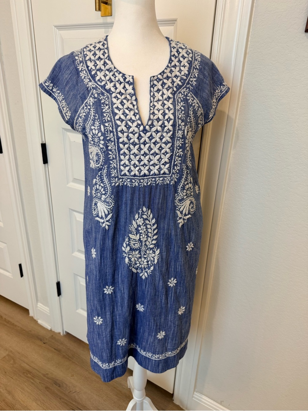 Roller Rabbit Boho Blue Cotton Embroidered Tunic Dress with White Detailing